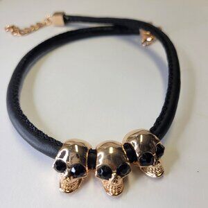MENS Skull Pendant Choker Necklace Skull Heads on Black Cord Necklace